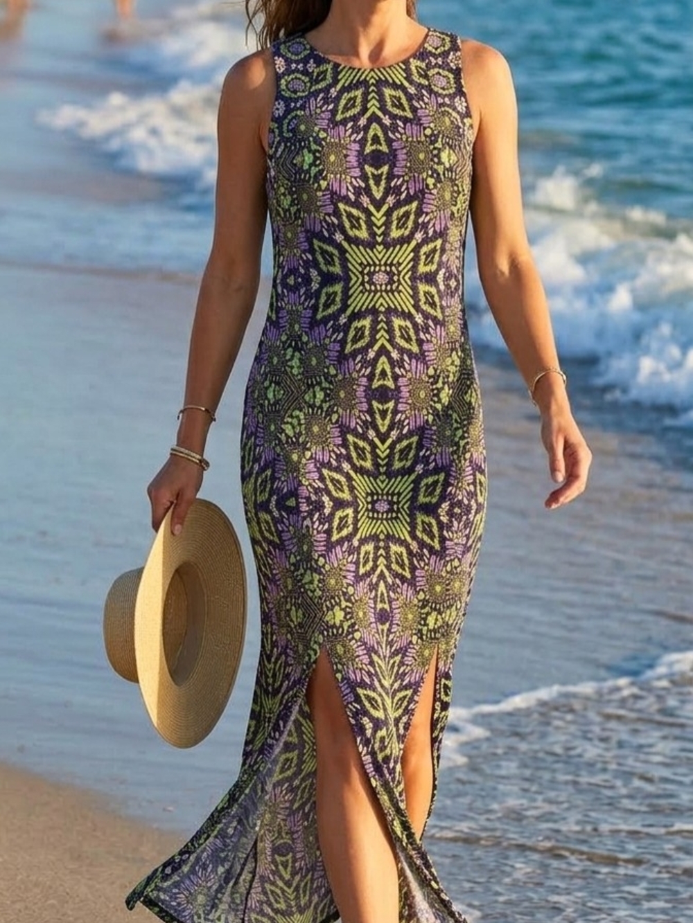 London Times Purple & Green Sleeveless Printed Maxi Dress with Front Slits -M